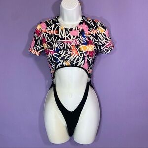 SHEIN Multicolor Graffiti Print Cutout Bodysuit
